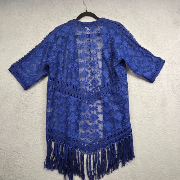 Chicos Cardigan Womens 1 M/8 Blue Short Sleeve Open Front Mesh Embroider Fringe - Picture 2 of 12